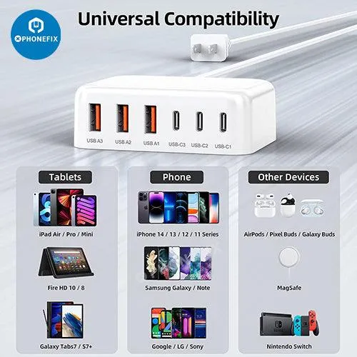 6 In 1 USB-C Fast Charging Station Multiport Phone Tablet Charger