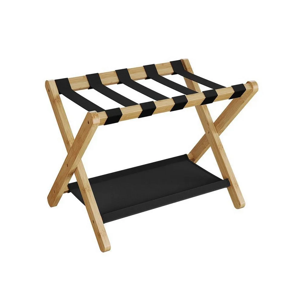 Ami 26 Inch Luggage Rack, 1 Storage Shelf, Foldable X, Black, Light Brown By Casagear Home