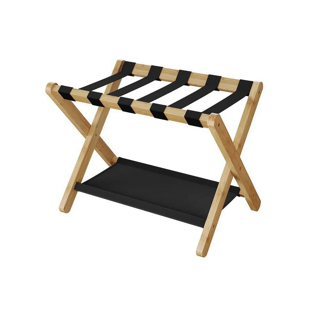 Ami 26 Inch Luggage Rack, 1 Storage Shelf, Foldable X, Black, Light Brown By Casagear Home