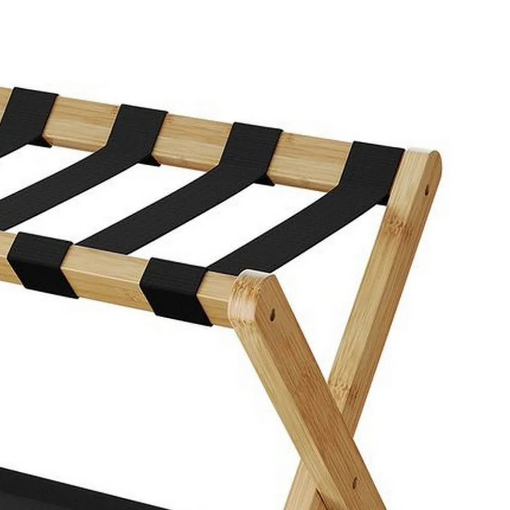 Ami 26 Inch Luggage Rack, 1 Storage Shelf, Foldable X, Black, Light Brown By Casagear Home