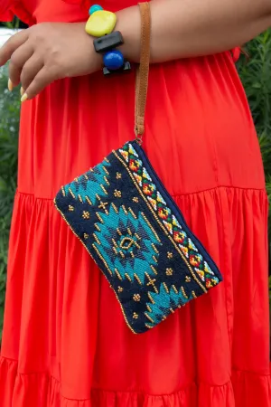 Aztec inspired wristlet with leather pull (Blue)