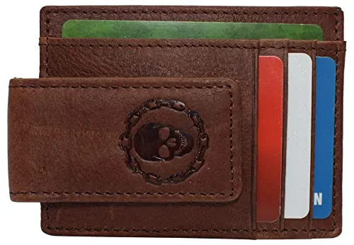 Genuine Leather Front Pocket Magnetic Money Clip Wallet Skull Chain Logo with Strong Magnet