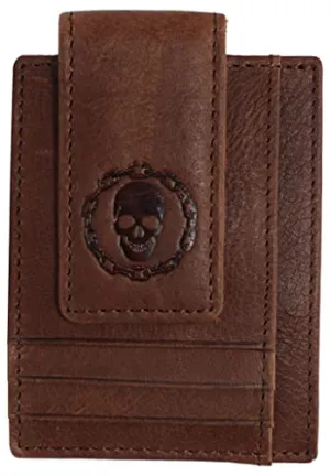 Genuine Leather Front Pocket Magnetic Money Clip Wallet Skull Chain Logo with Strong Magnet