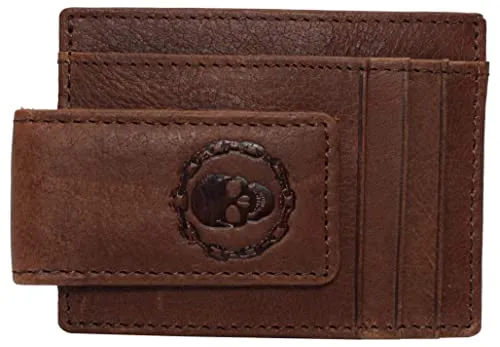 Genuine Leather Front Pocket Magnetic Money Clip Wallet Skull Chain Logo with Strong Magnet