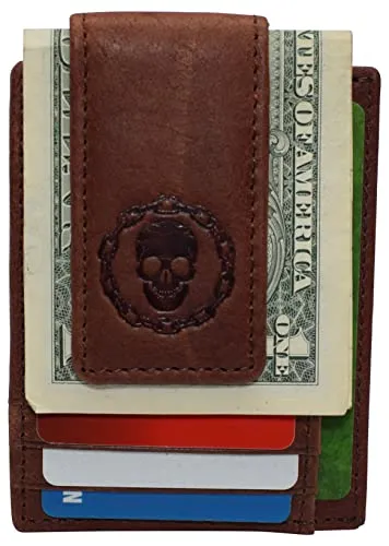 Genuine Leather Front Pocket Magnetic Money Clip Wallet Skull Chain Logo with Strong Magnet