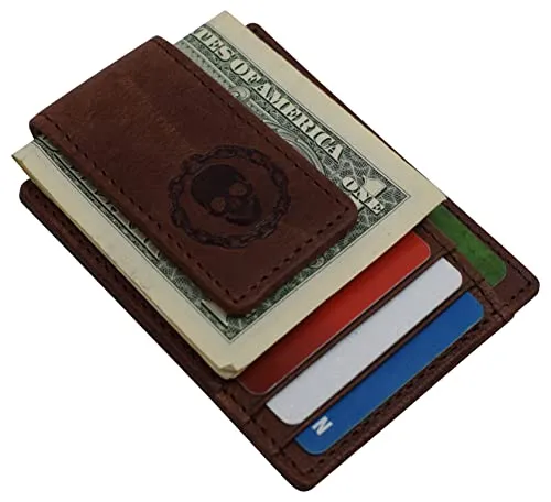 Genuine Leather Front Pocket Magnetic Money Clip Wallet Skull Chain Logo with Strong Magnet