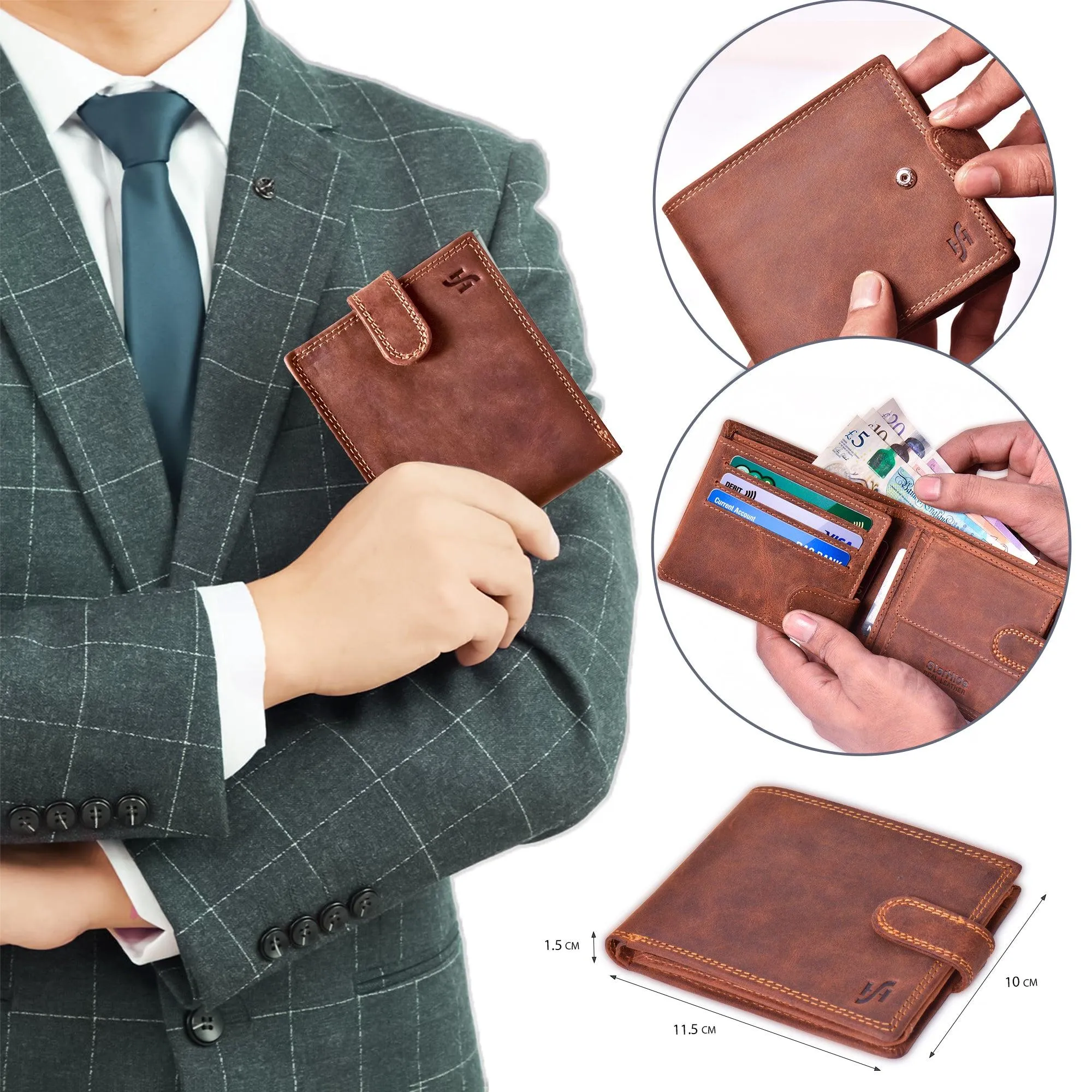 Handmade Wallets for Men UK | Genuine Distressed Hunter Leather | RFID Blocking Notecase Wallet | Coins and Id Card Holder | 710 Brown