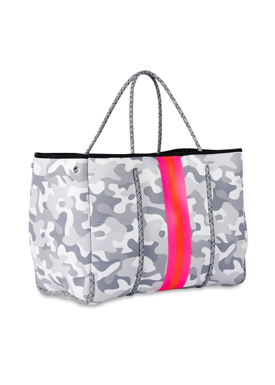 Haute Shore Greyson rise tote- white camou/pink/orange stripe