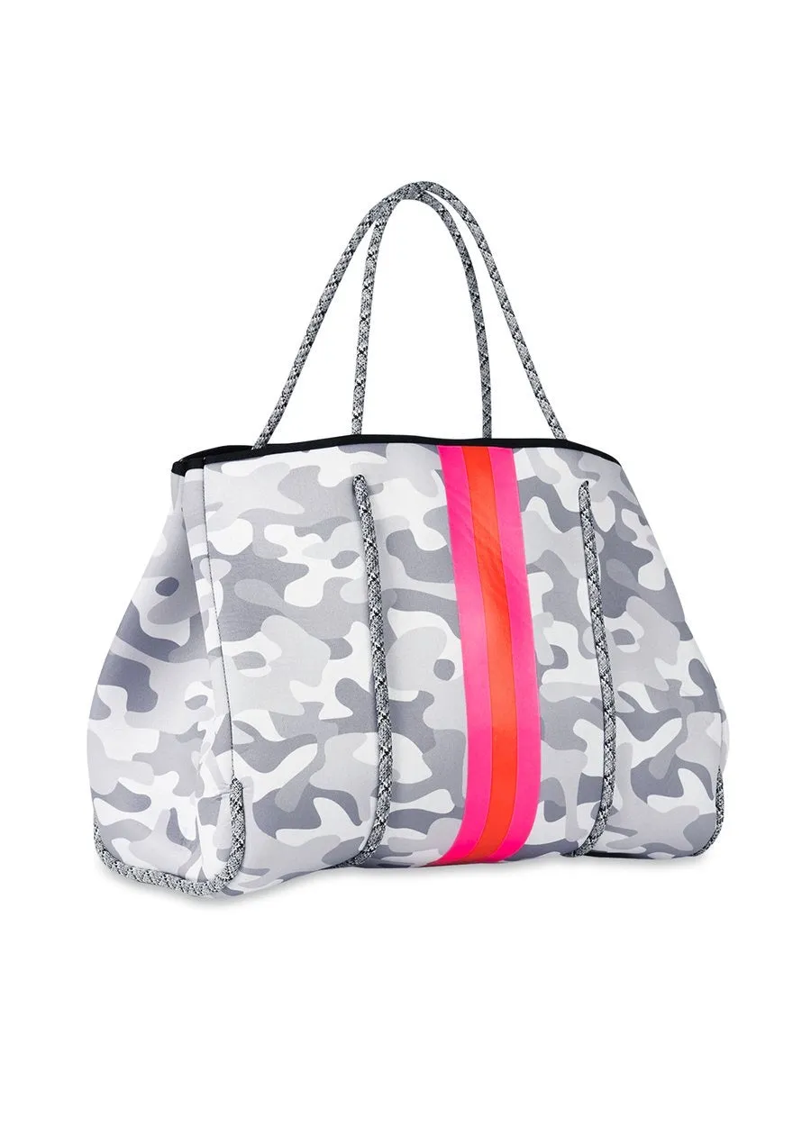 Haute Shore Greyson rise tote- white camou/pink/orange stripe
