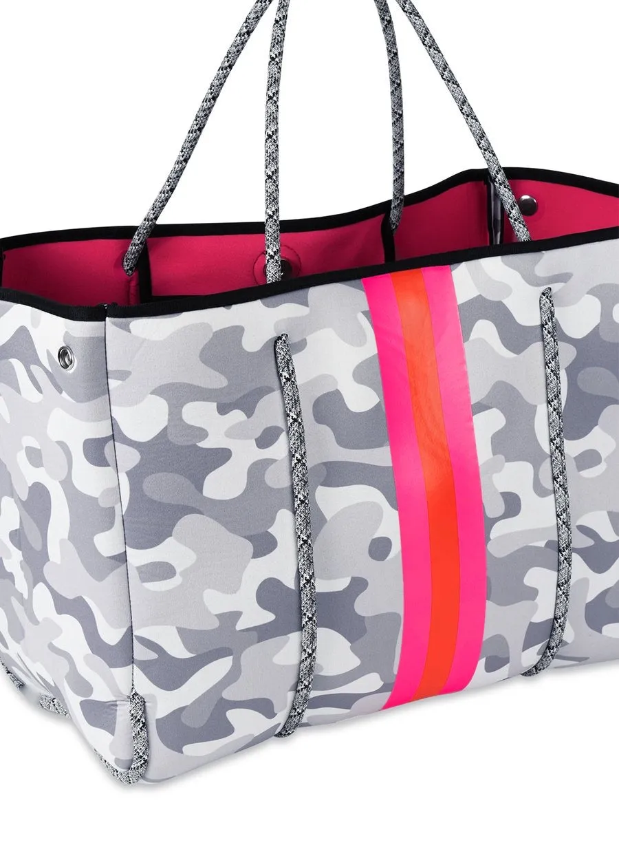 Haute Shore Greyson rise tote- white camou/pink/orange stripe