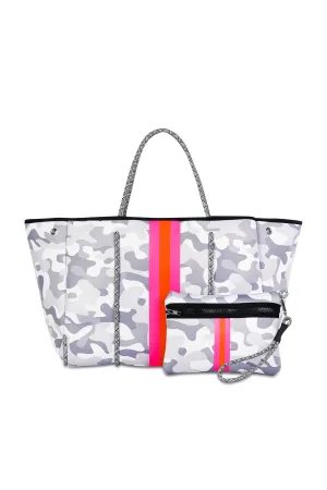 Haute Shore Greyson rise tote- white camou/pink/orange stripe