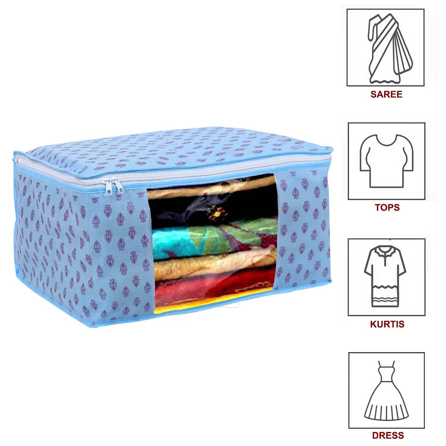 Heart Home Floral Print Non-Woven Foldable Saree Cover|Clothes Storage For Saree, Lehenga, Suit With Top Transparent, Pack of 9 (Sky Blue)