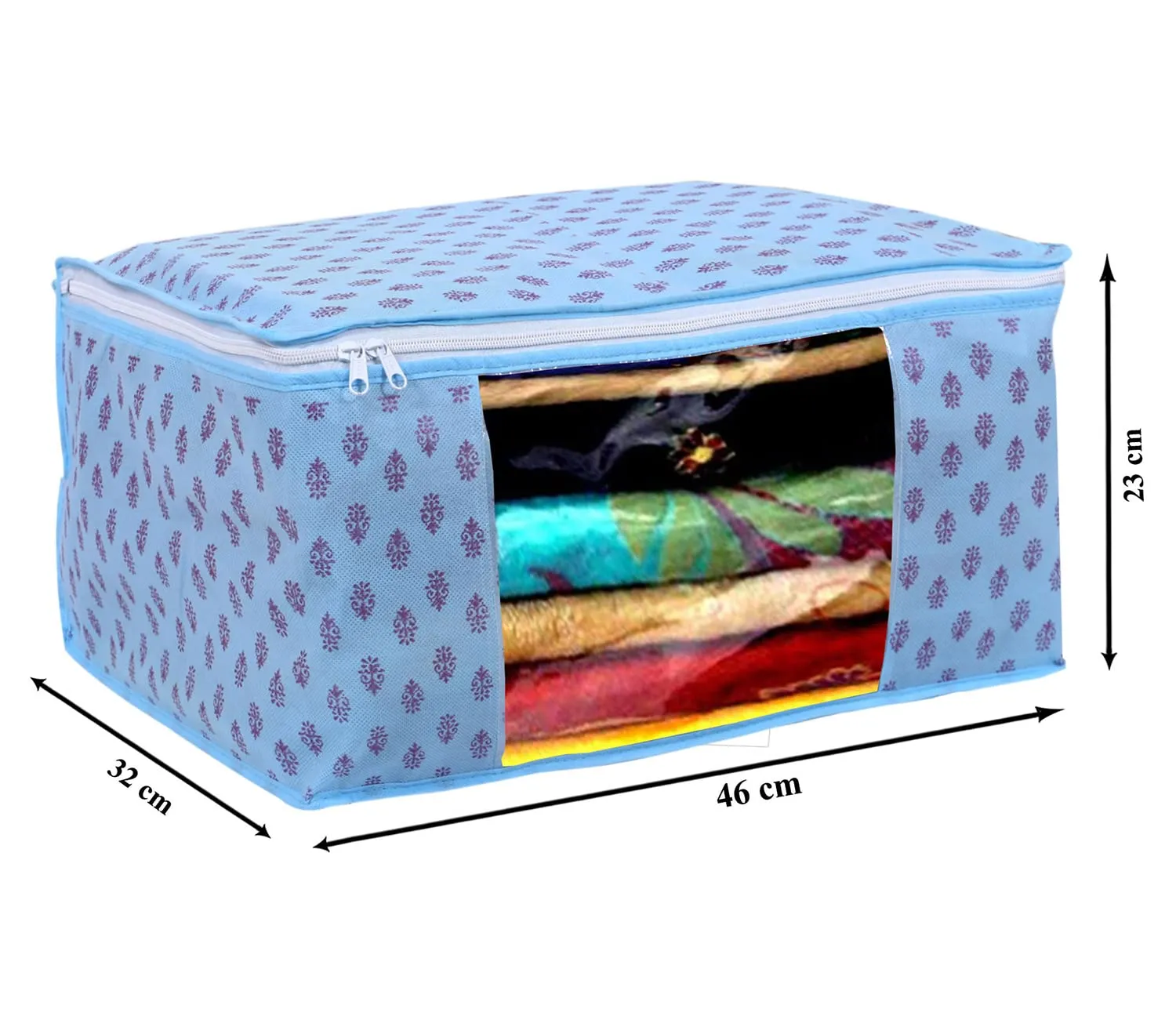 Heart Home Floral Print Non-Woven Foldable Saree Cover|Clothes Storage For Saree, Lehenga, Suit With Top Transparent, Pack of 9 (Sky Blue)
