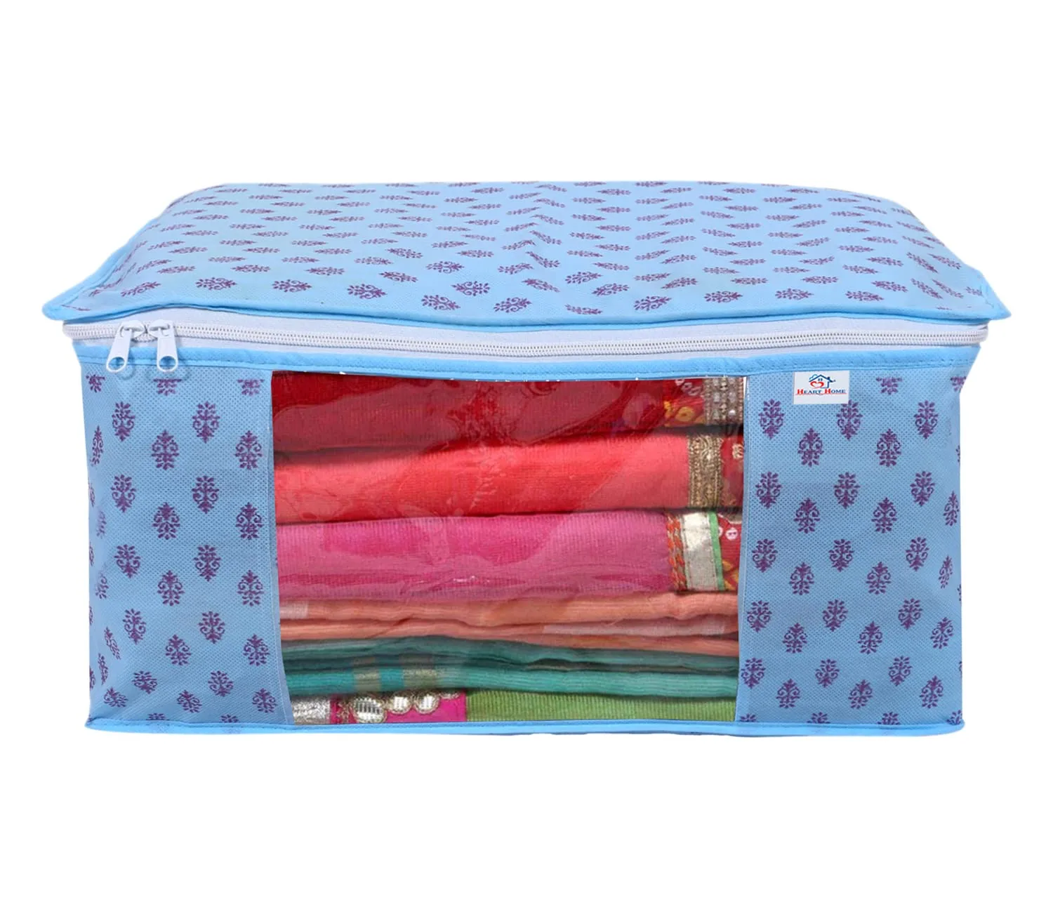 Heart Home Floral Print Non-Woven Foldable Saree Cover|Clothes Storage For Saree, Lehenga, Suit With Top Transparent, Pack of 9 (Sky Blue)