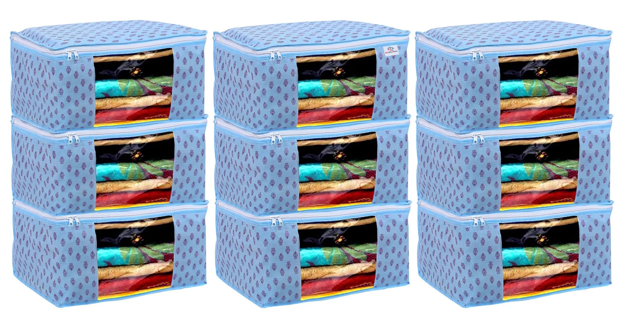 Heart Home Floral Print Non-Woven Foldable Saree Cover|Clothes Storage For Saree, Lehenga, Suit With Top Transparent, Pack of 9 (Sky Blue)