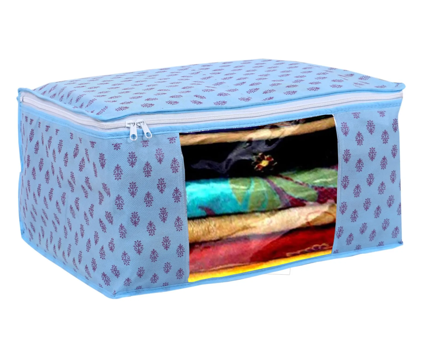 Heart Home Floral Print Non-Woven Foldable Saree Cover|Clothes Storage For Saree, Lehenga, Suit With Top Transparent, Pack of 9 (Sky Blue)