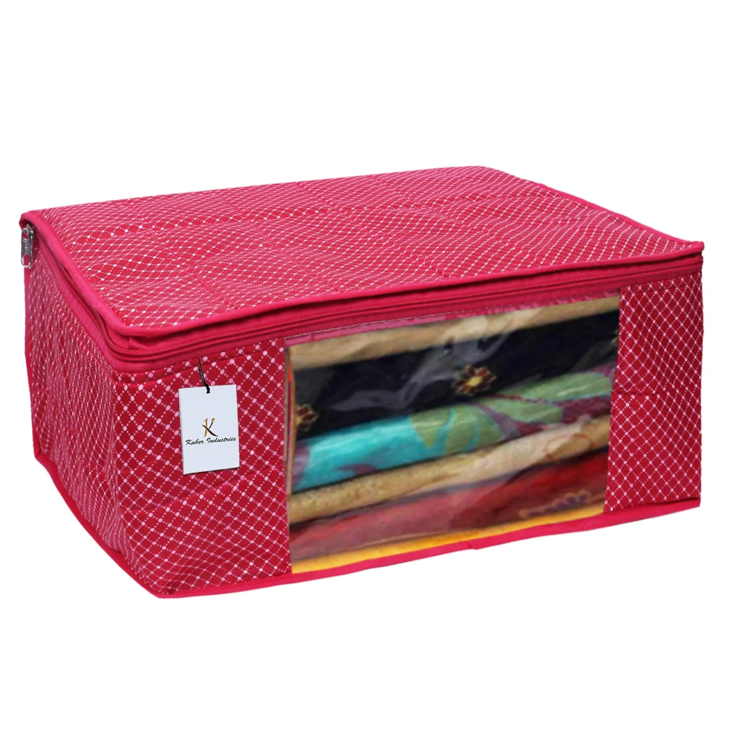 Kuber Industries Polka Dots 1 Piece Cotton 3 Layered Quilted Saree Cover, Rani Color-CTKTC025871