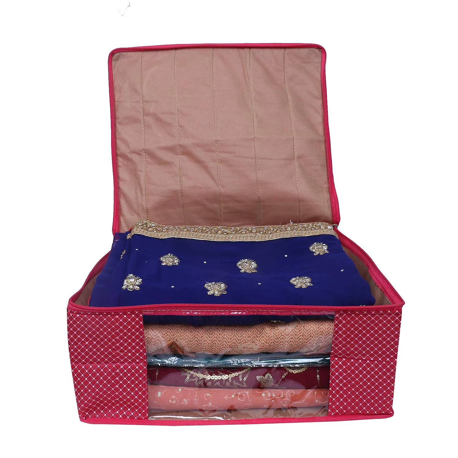 Kuber Industries Polka Dots 1 Piece Cotton 3 Layered Quilted Saree Cover, Rani Color-CTKTC025871