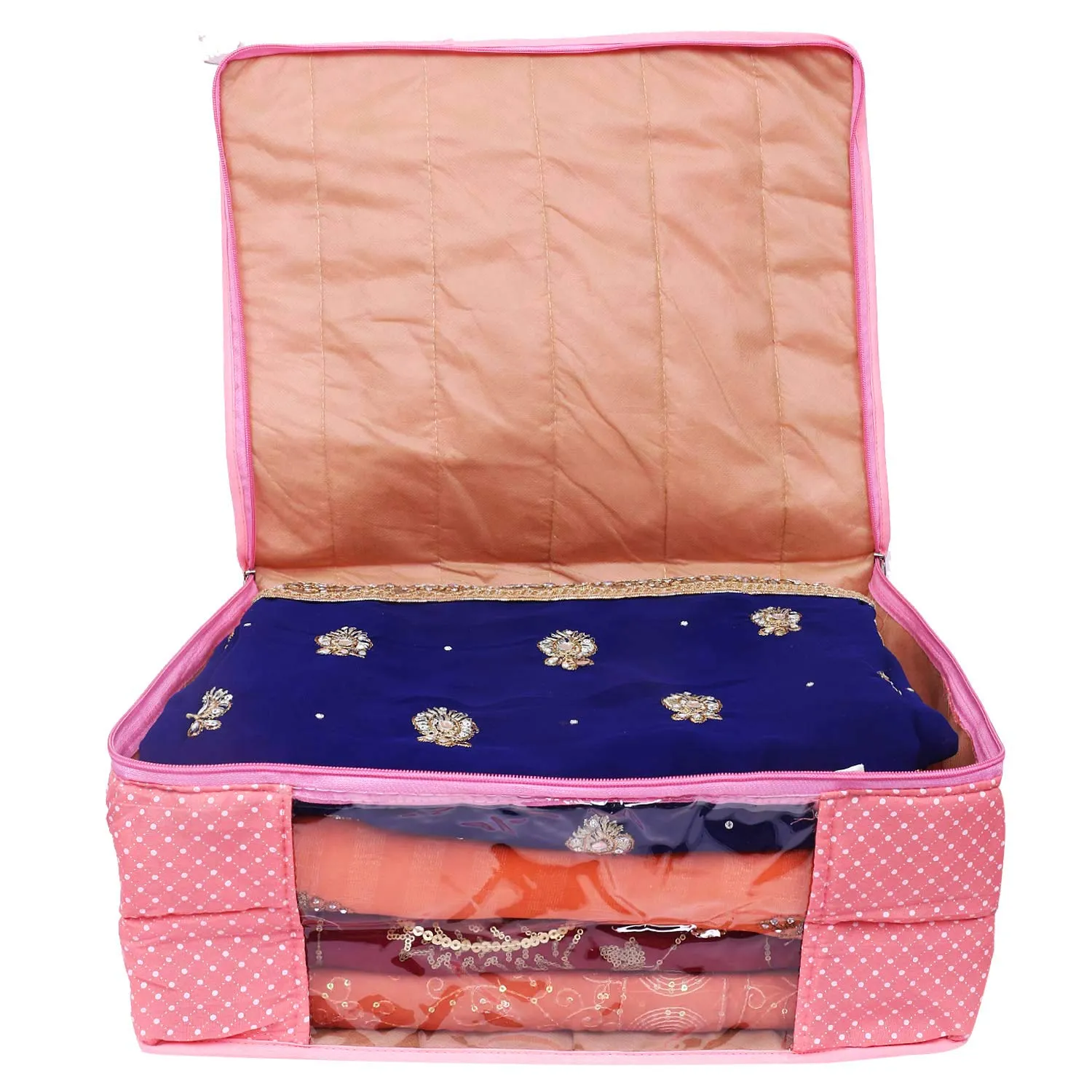 Kuber Industries Polka Dots 2 Pieces Cotton 3 Layered Quilted Saree Cover (Peach & Sky Blue) - CTKTC31108