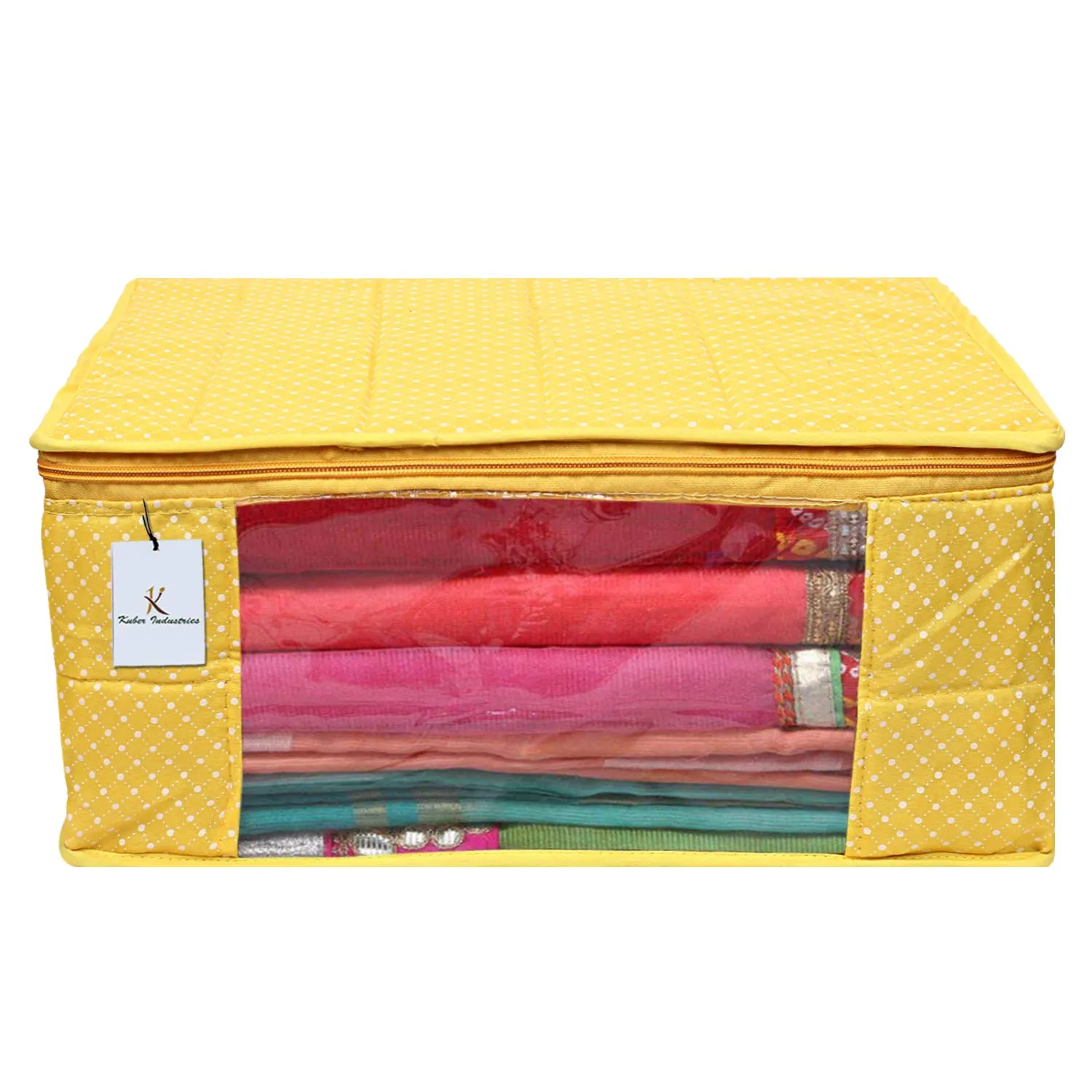Kuber Industries Polka Dots 3 Piece Cotton 3 Layered Quilted Saree Cover, Peach, Yellow & Brown-CTKTC025881