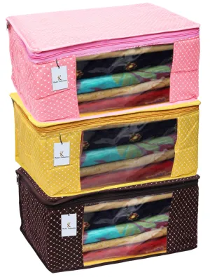 Kuber Industries Polka Dots 3 Piece Cotton 3 Layered Quilted Saree Cover, Peach, Yellow & Brown-CTKTC025881