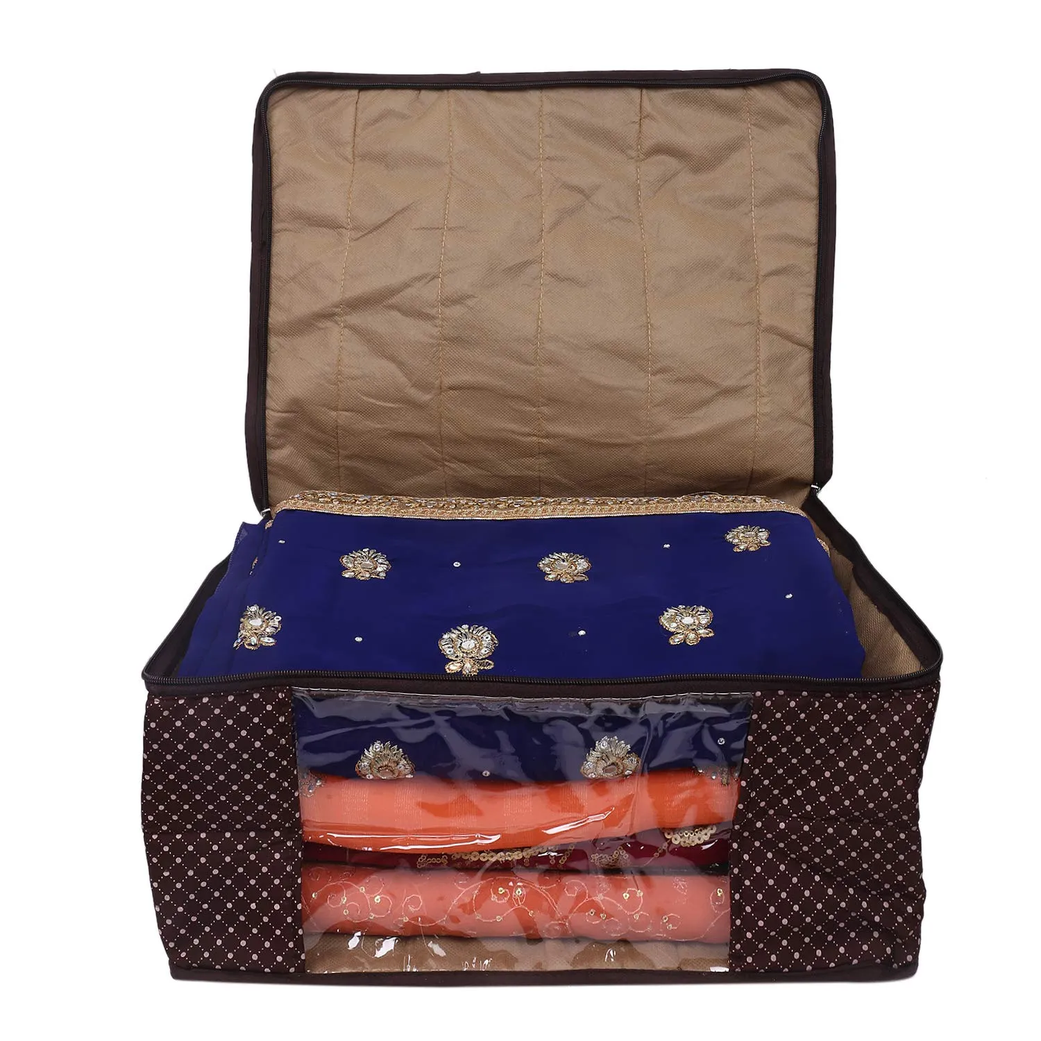 Kuber Industries Polka Dots 3 Piece Cotton 3 Layered Quilted Saree Cover, Peach, Yellow & Brown-CTKTC025881