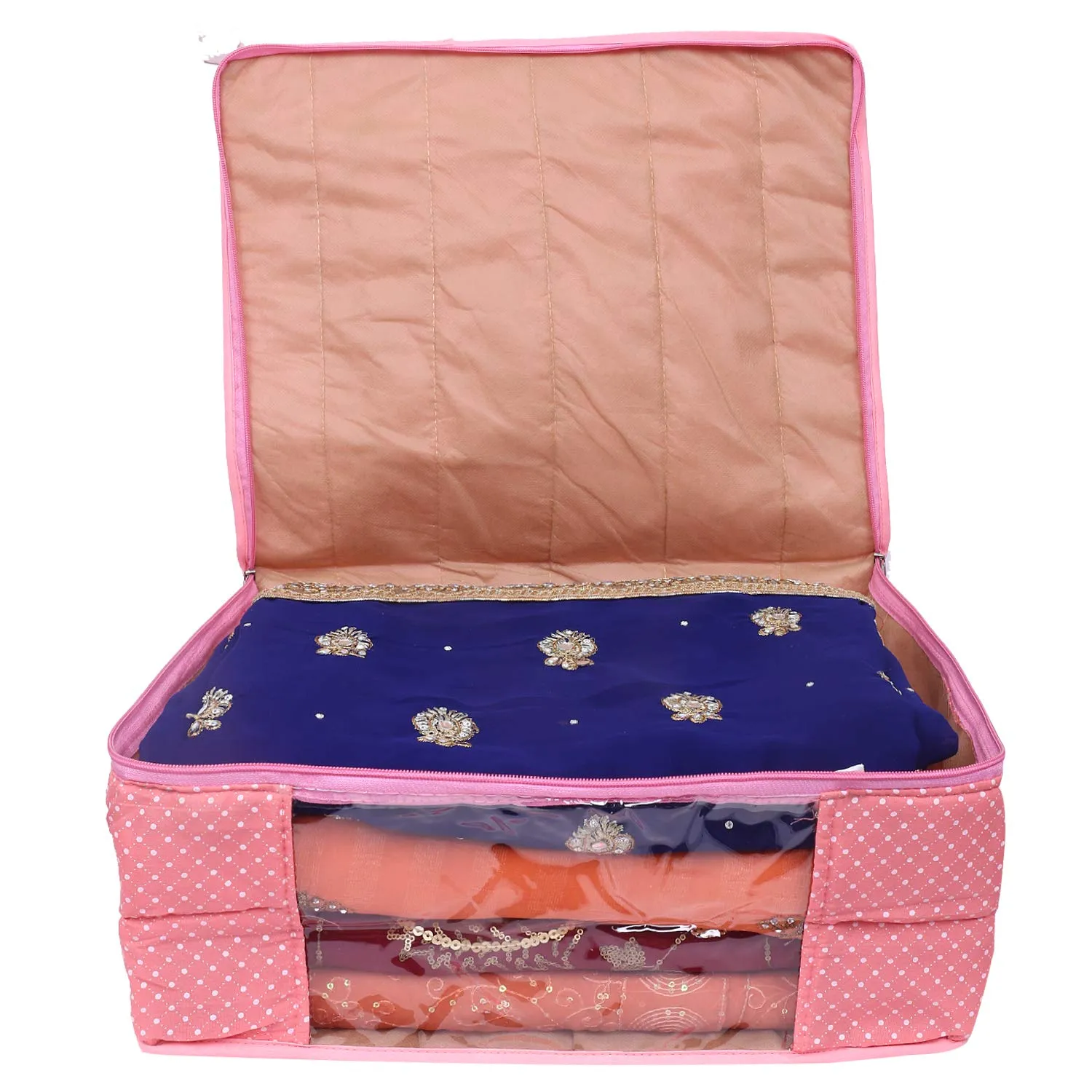 Kuber Industries Polka Dots 3 Piece Cotton 3 Layered Quilted Saree Cover, Peach, Yellow & Brown-CTKTC025881