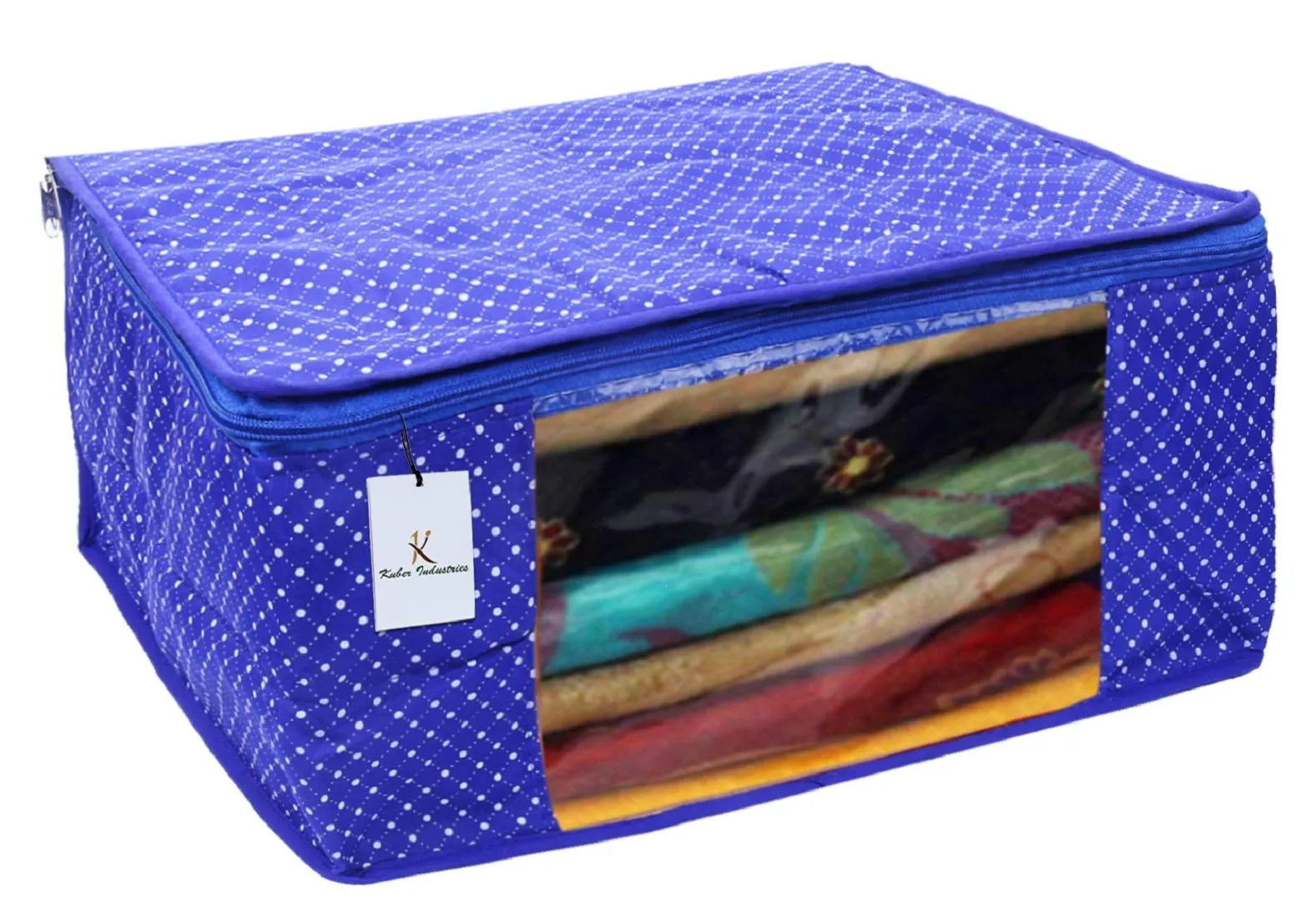 Kuber Industries Polka Dots 5 Piece Cotton 3 Layered Quilted Saree Cover, Blue-CTKTC21279