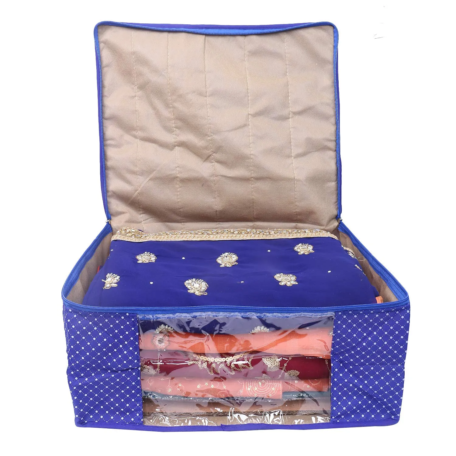 Kuber Industries Polka Dots 5 Piece Cotton 3 Layered Quilted Saree Cover, Blue-CTKTC21279