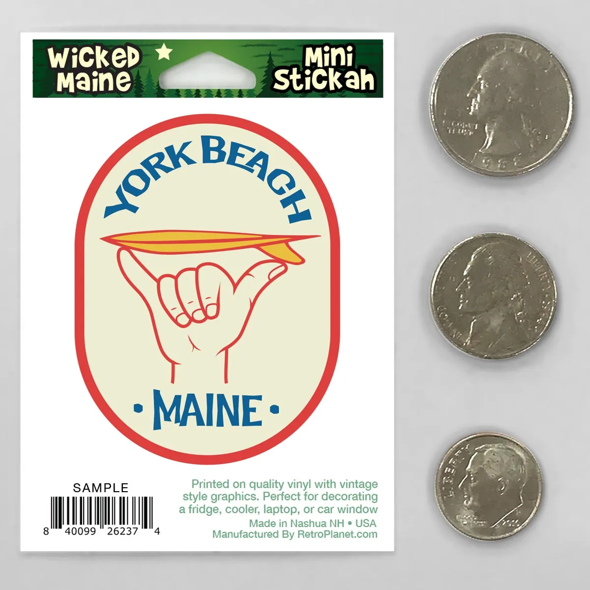 Maine Cowabunga Surfing Mini Vinyl Sticker York Beach or Ogunquit