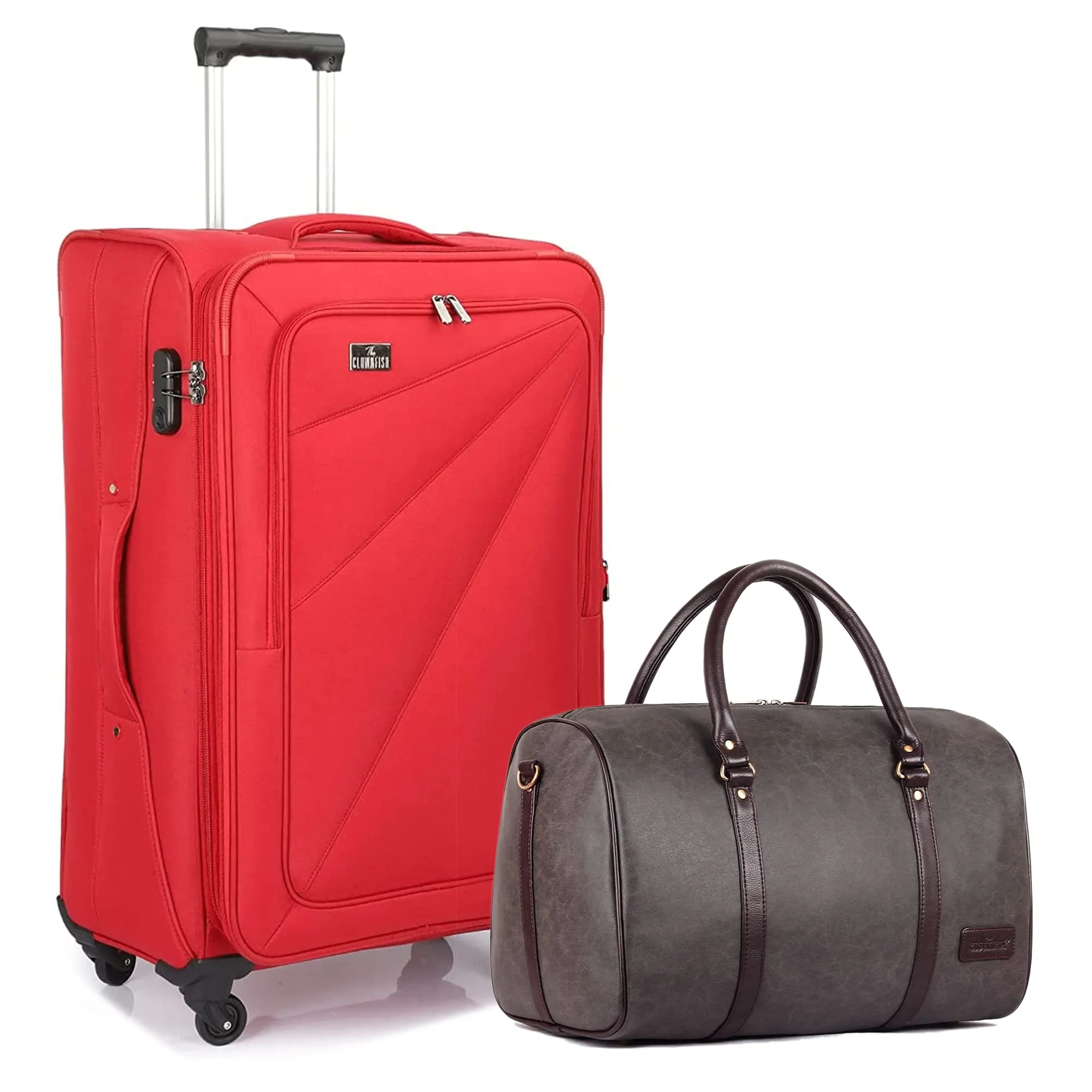 THE CLOWNFISH Farren Luggage Polyester Softcase Suitcase Four Wheel Trolley Bag & Lincoln Duffle Bag - Red (Small Size- 56 cm)