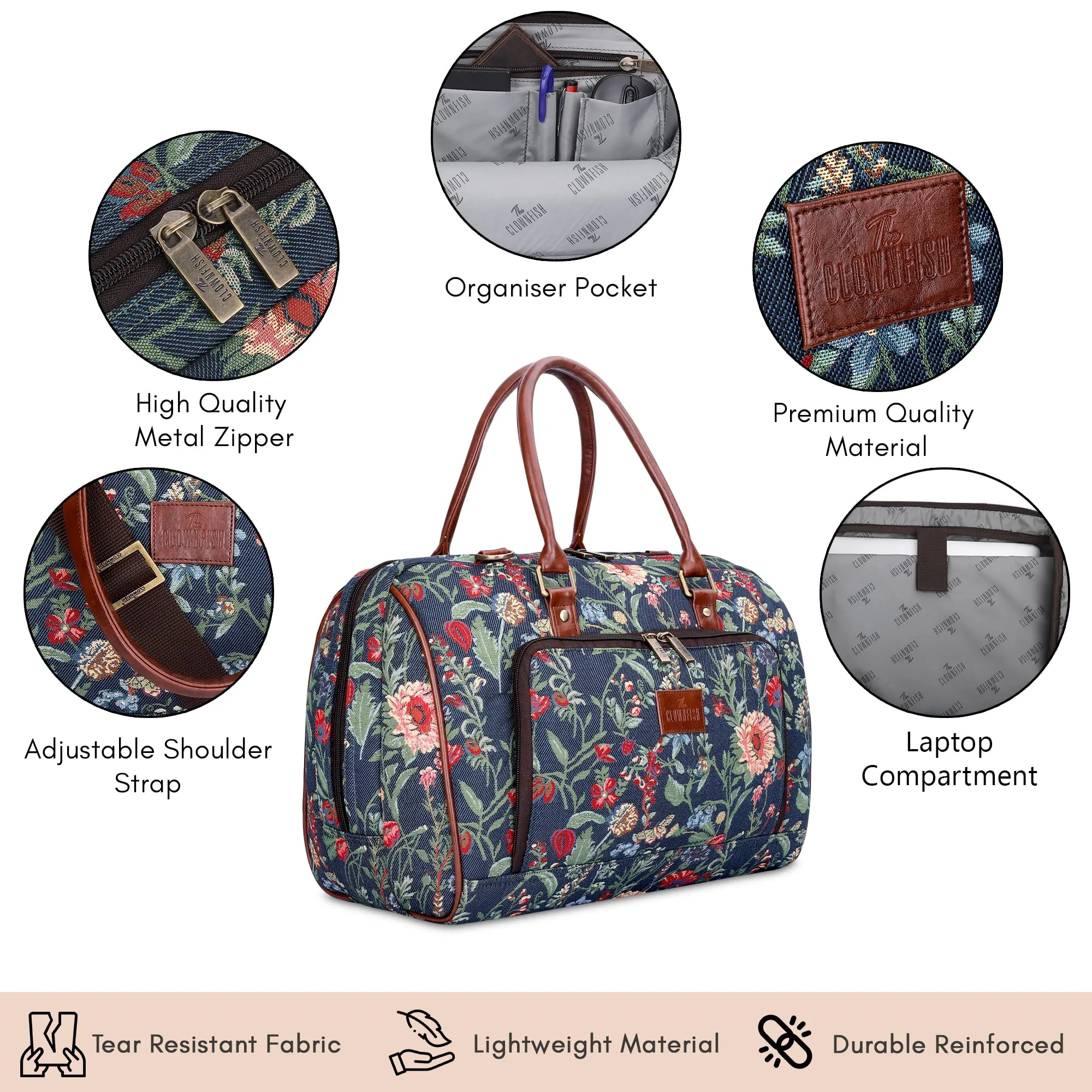 The Clownfish Oceania 28 litres Tapestry Unisex Business Travel Duffle Bag with 15.6 inch Laptop Sleeve (Navy Blue-Floral)