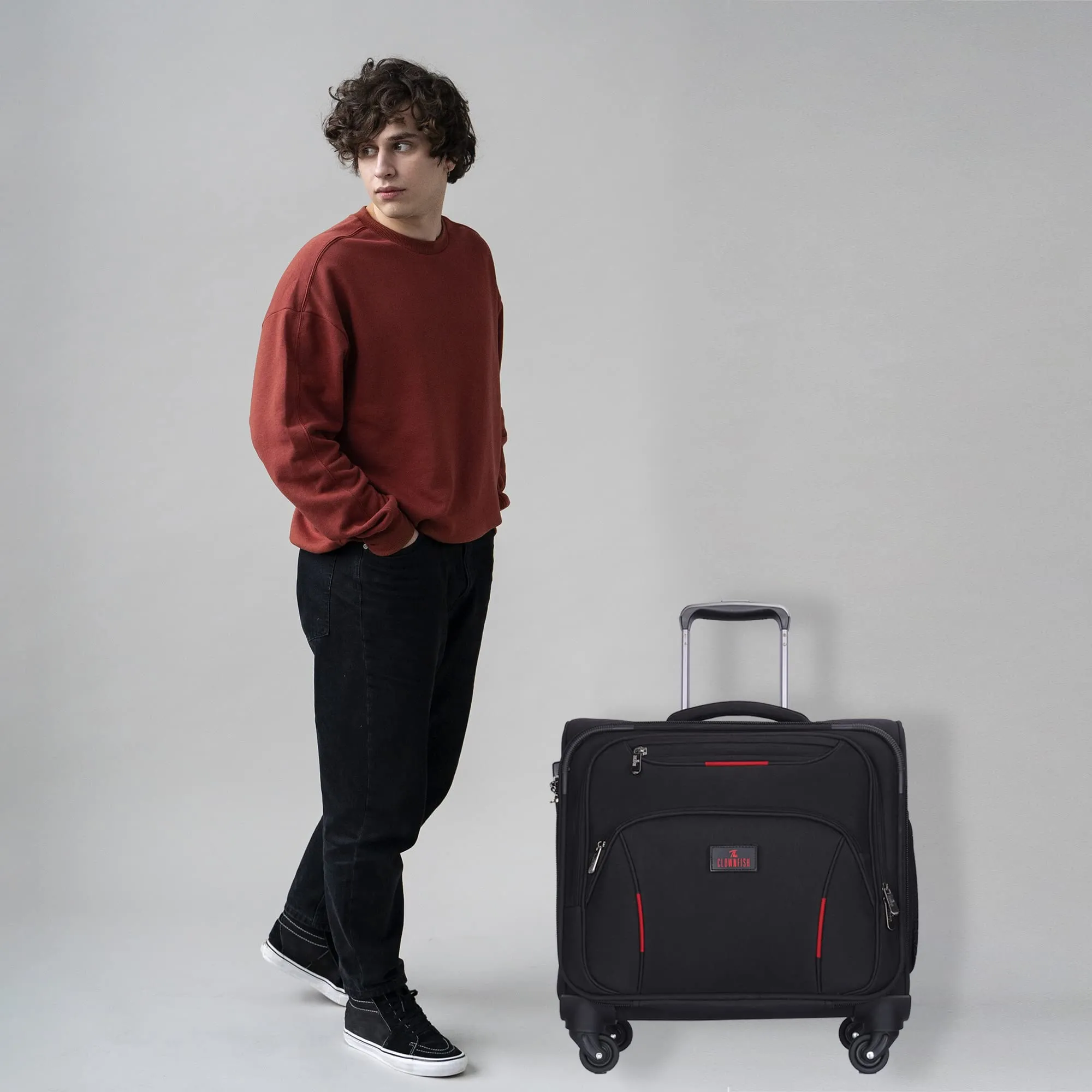THE CLOWNFISH Trailblazer Series Luggage Polyester Soft Case Four Wheel Suitcase 15.6 inch Laptop Ipad Trolley Bag with TSA Lock - Black (44 cm, 17.3 inch)