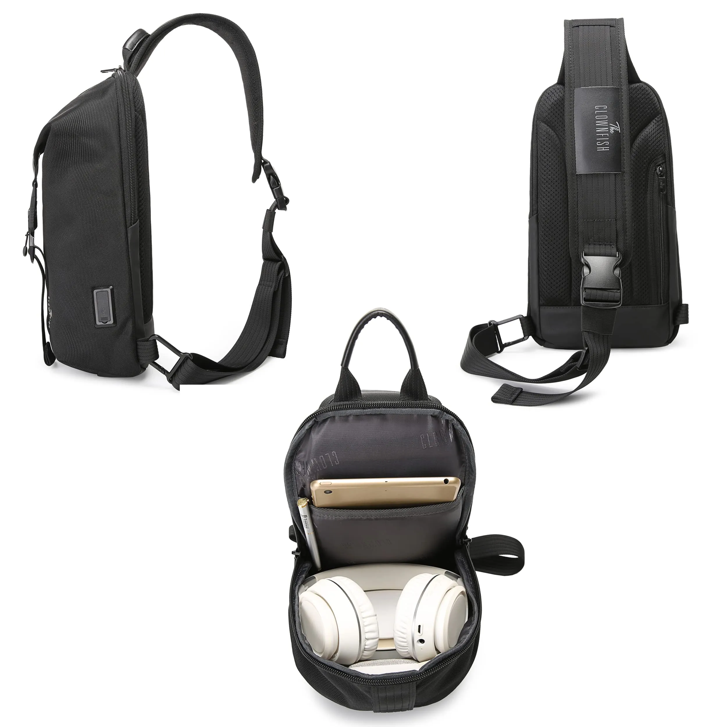 THE CLOWNFISH Unisex-Adult Anti Theft Water Resistant Utility Crossbody Sling Bag With Usb Charging (Black)
