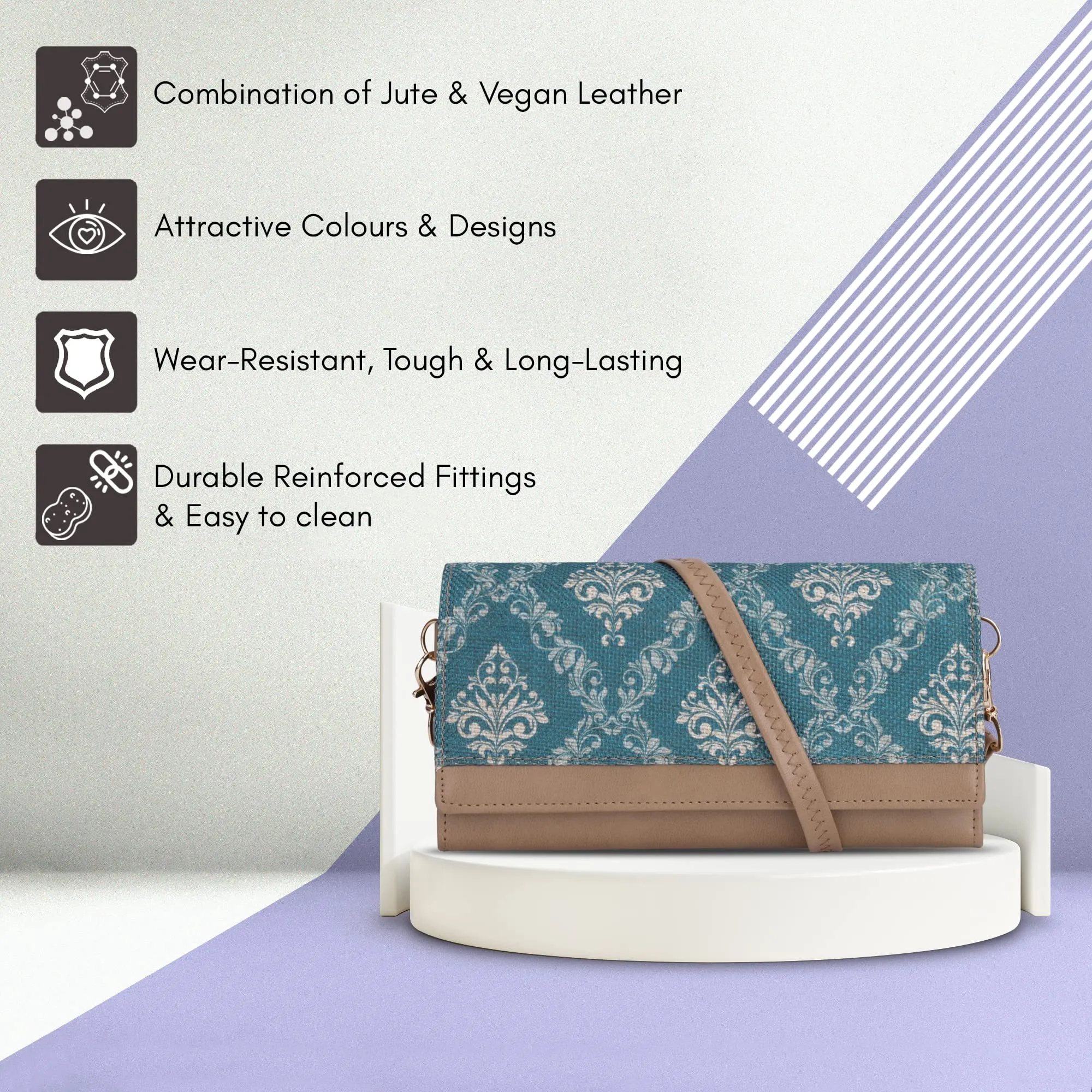 THE CLOWNFISH Women's Erika Printed Handicraft Fabric And Vegan Leather Sling Bag/Wallet With Multiple Card Slots And Shoulder Belt (Peacock Blue), Green