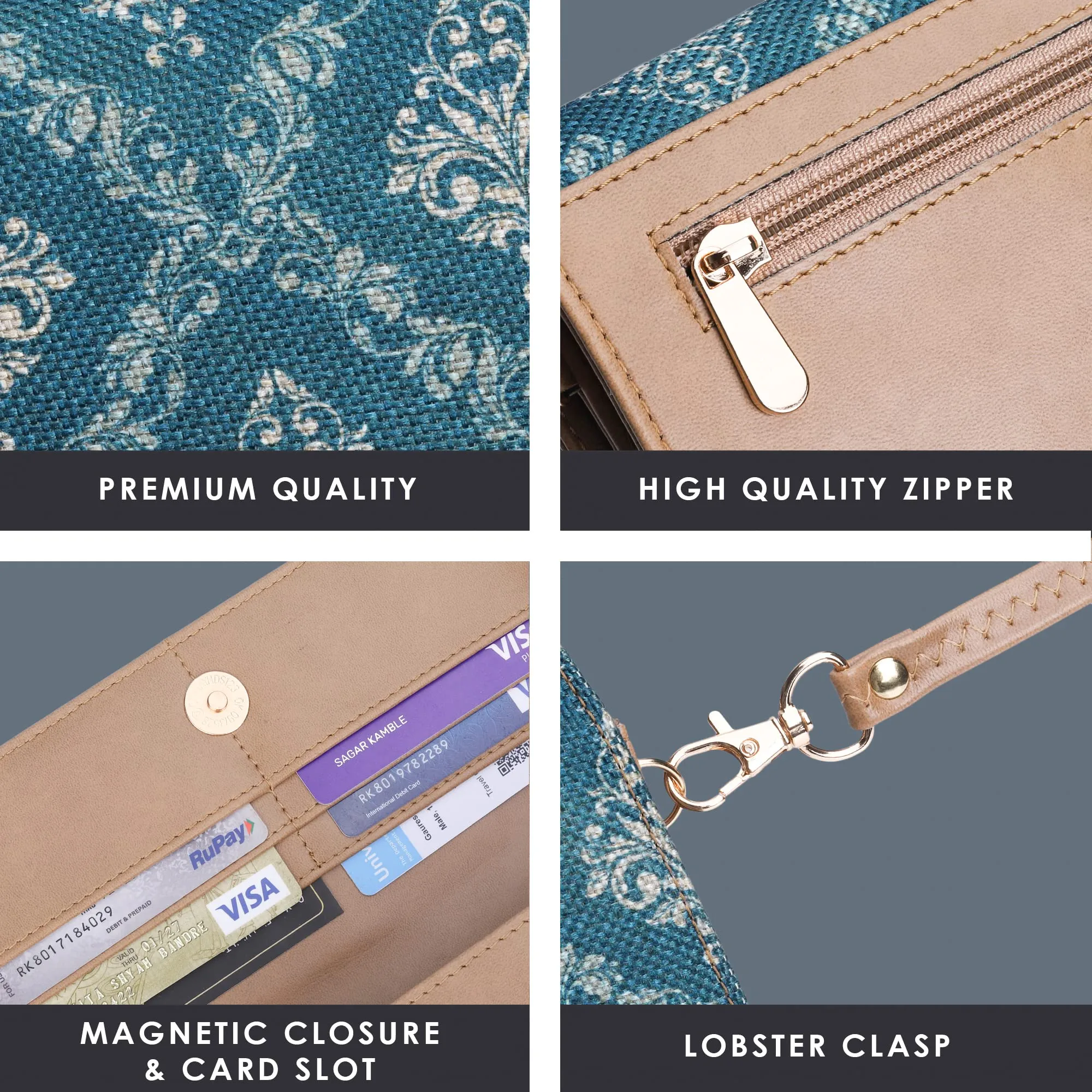 THE CLOWNFISH Women's Erika Printed Handicraft Fabric And Vegan Leather Sling Bag/Wallet With Multiple Card Slots And Shoulder Belt (Peacock Blue), Green