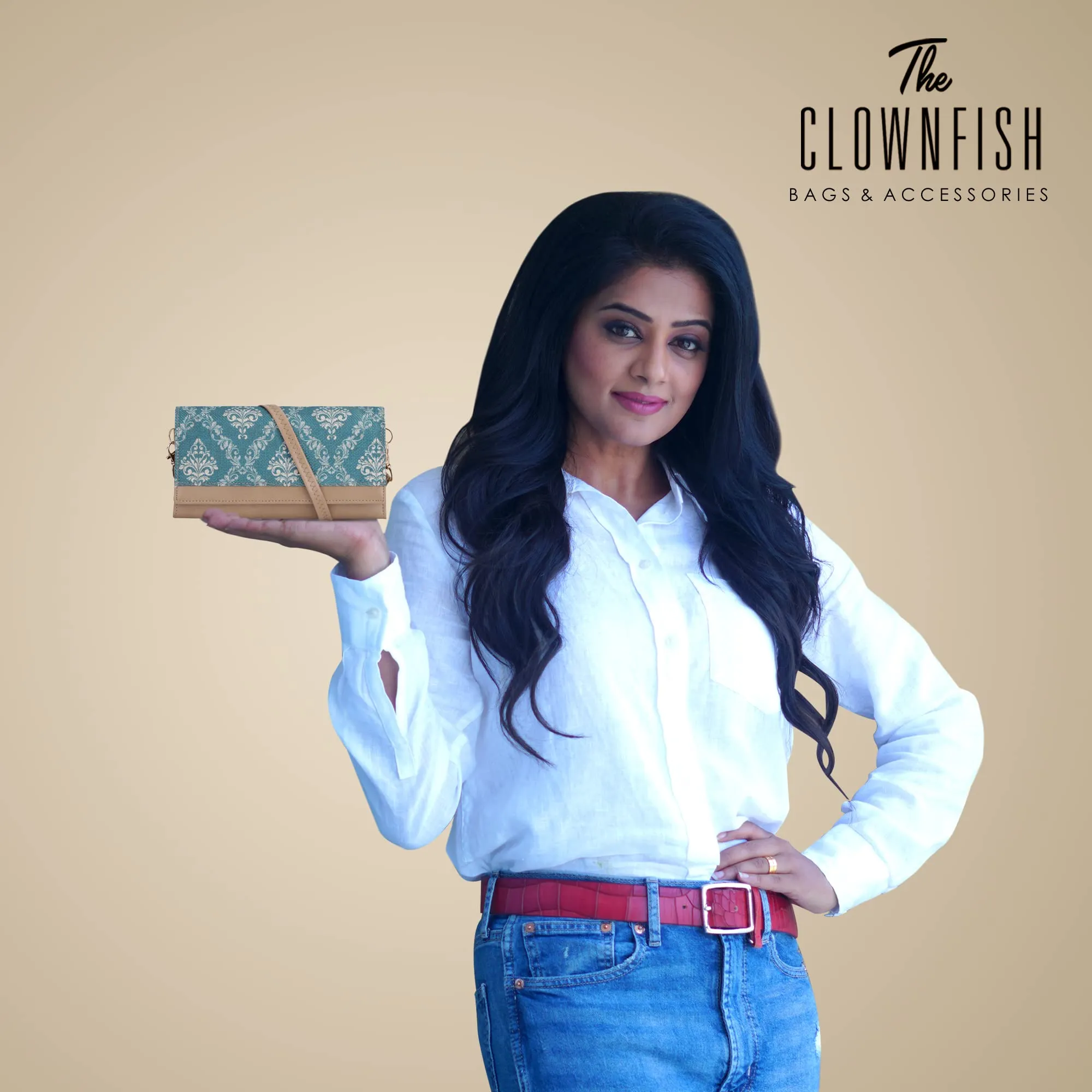 THE CLOWNFISH Women's Erika Printed Handicraft Fabric And Vegan Leather Sling Bag/Wallet With Multiple Card Slots And Shoulder Belt (Peacock Blue), Green