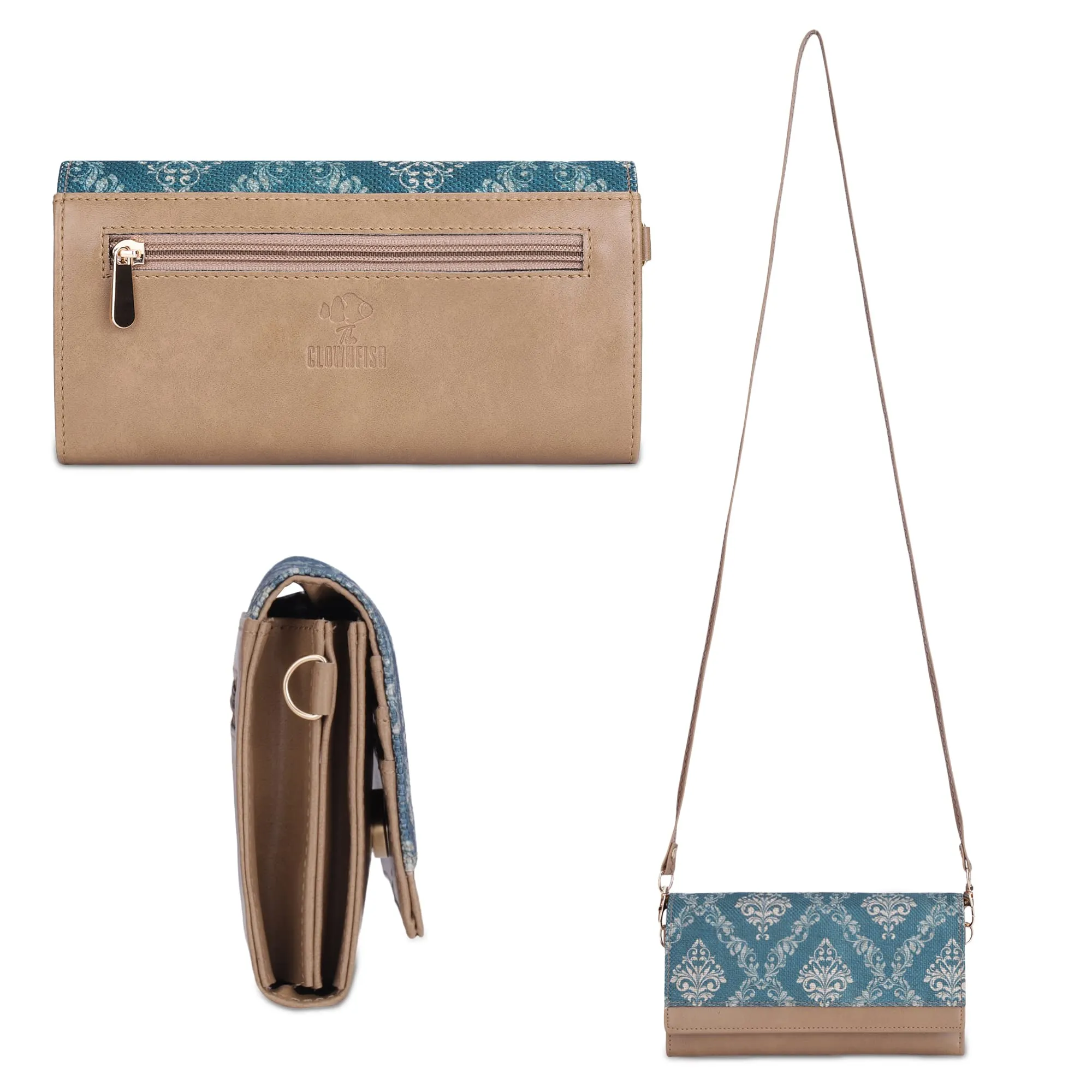 THE CLOWNFISH Women's Erika Printed Handicraft Fabric And Vegan Leather Sling Bag/Wallet With Multiple Card Slots And Shoulder Belt (Peacock Blue), Green