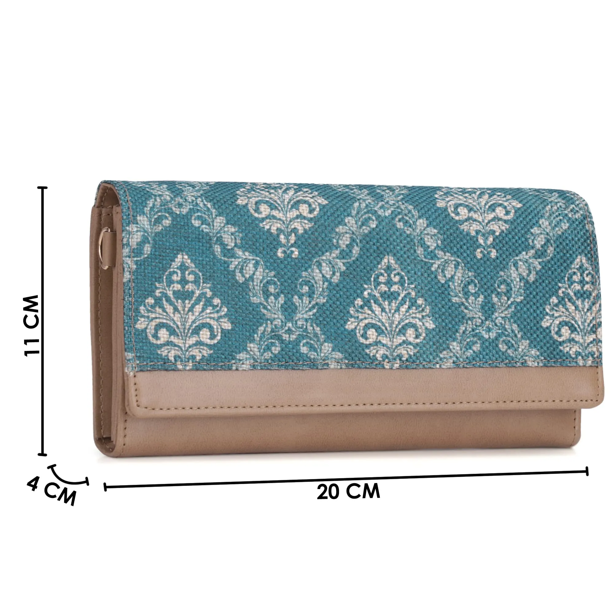 THE CLOWNFISH Women's Erika Printed Handicraft Fabric And Vegan Leather Sling Bag/Wallet With Multiple Card Slots And Shoulder Belt (Peacock Blue), Green