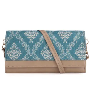 THE CLOWNFISH Women's Erika Printed Handicraft Fabric And Vegan Leather Sling Bag/Wallet With Multiple Card Slots And Shoulder Belt (Peacock Blue), Green