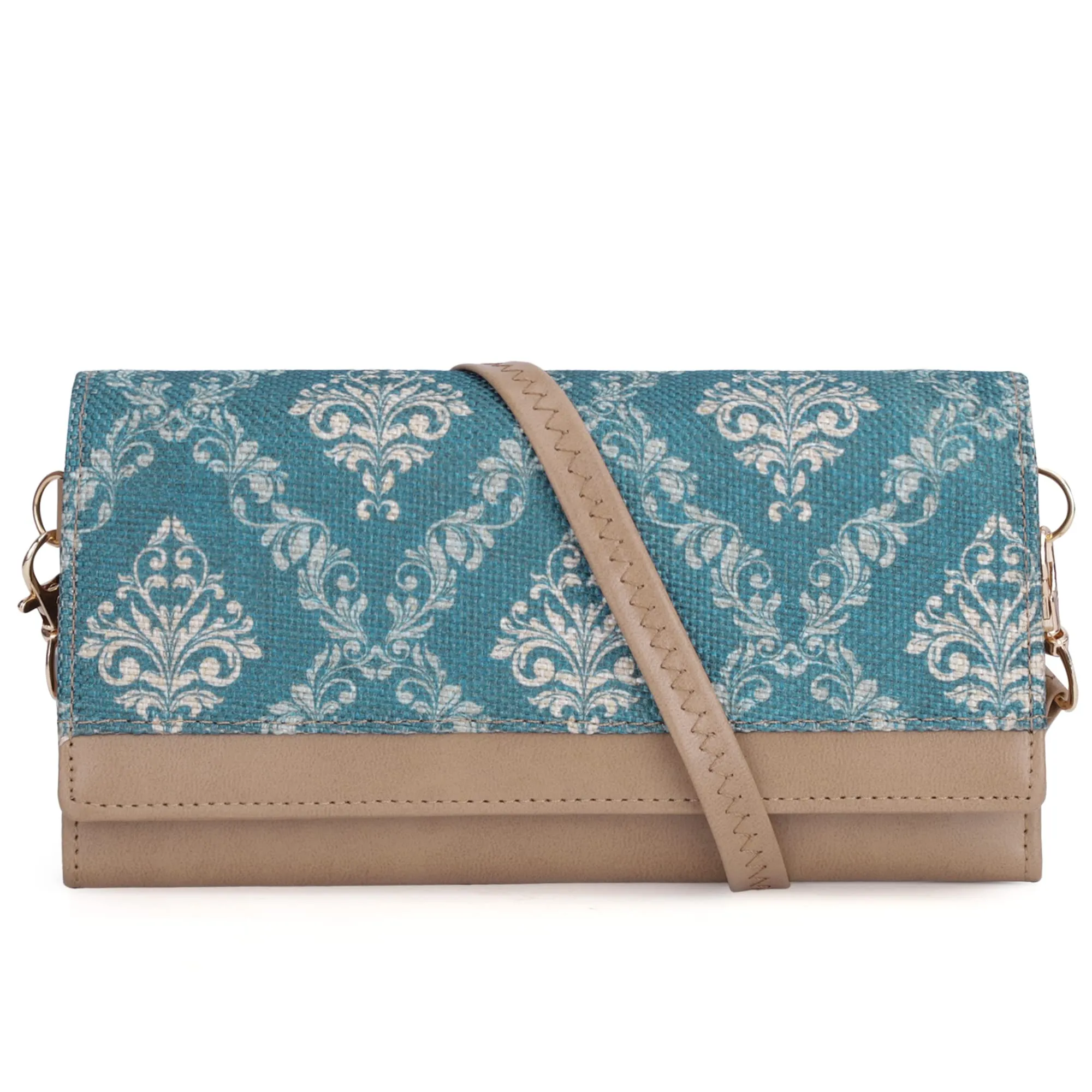 THE CLOWNFISH Women's Erika Printed Handicraft Fabric And Vegan Leather Sling Bag/Wallet With Multiple Card Slots And Shoulder Belt (Peacock Blue), Green
